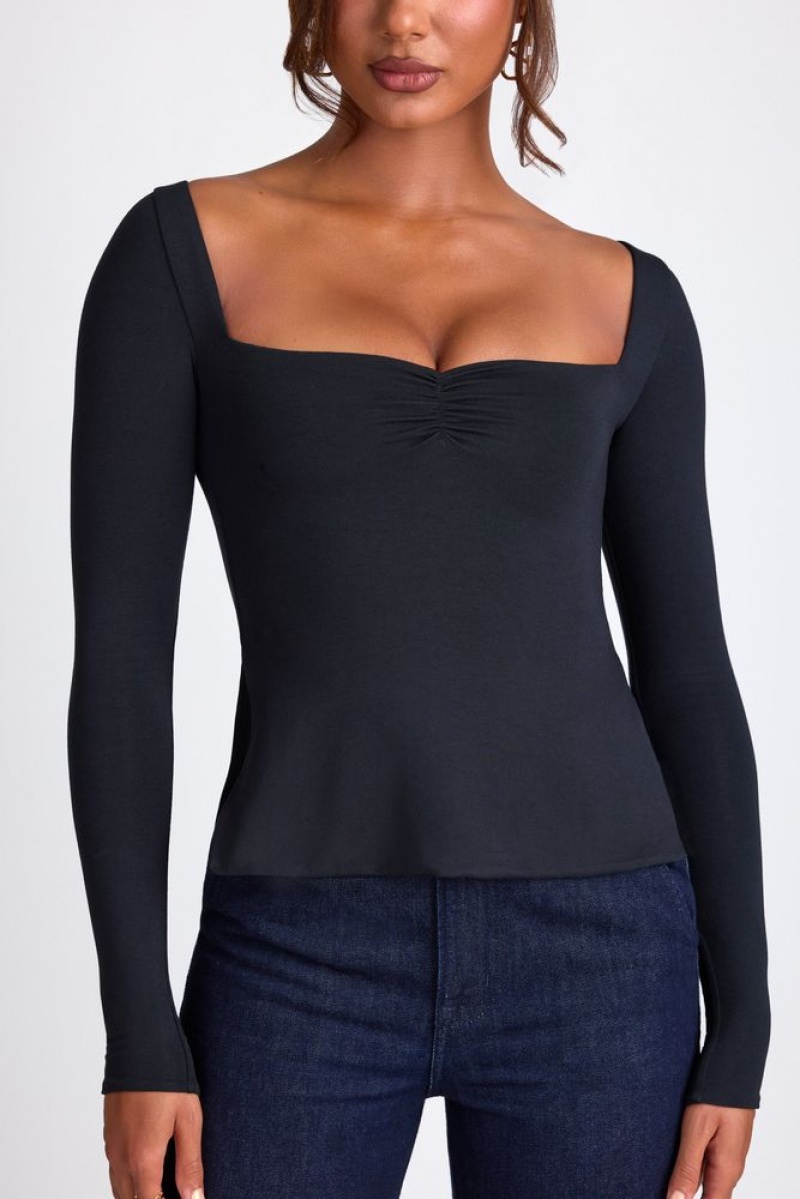 Black Oh Polly Fiora Modal Sweetheart Neckline Long Sleeve Top | GUTP-79318