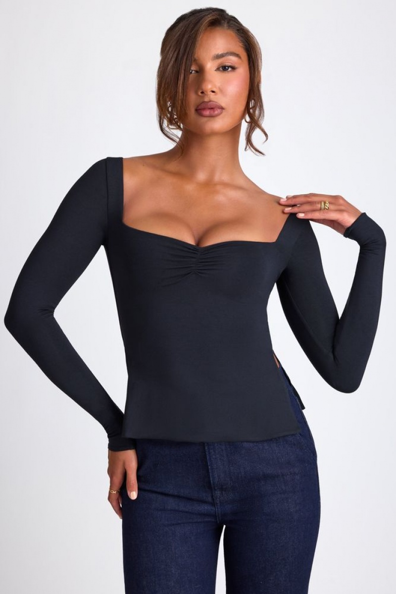 Black Oh Polly Fiora Modal Sweetheart Neckline Long Sleeve Top | GUTP-79318