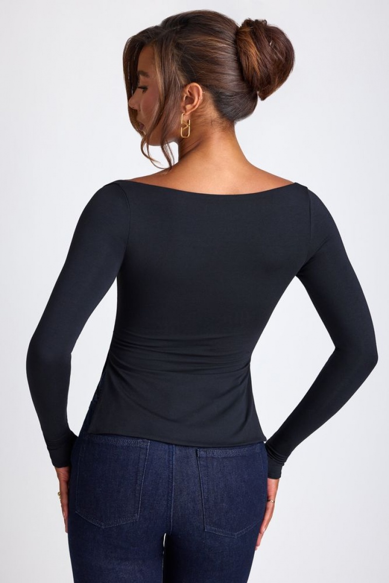 Black Oh Polly Fiora Modal Sweetheart Neckline Long Sleeve Top | GUTP-79318