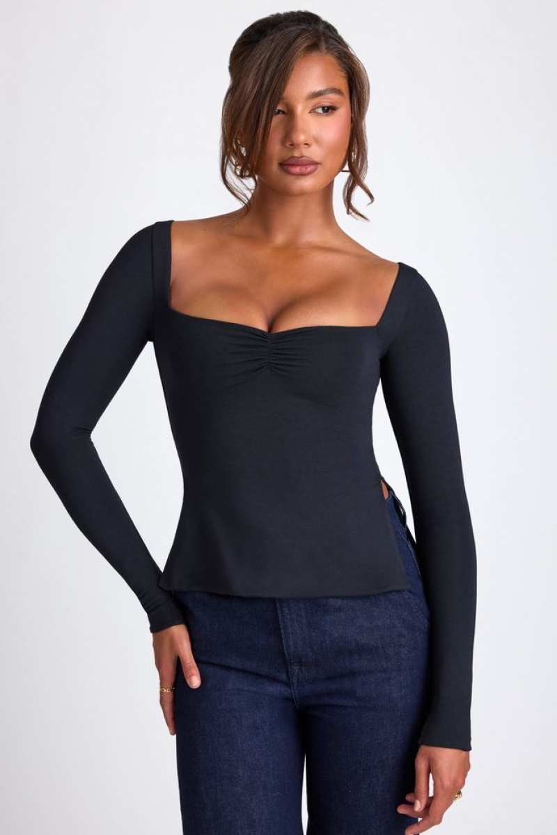 Black Oh Polly Fiora Modal Sweetheart Neckline Long Sleeve Top | GUTP-79318