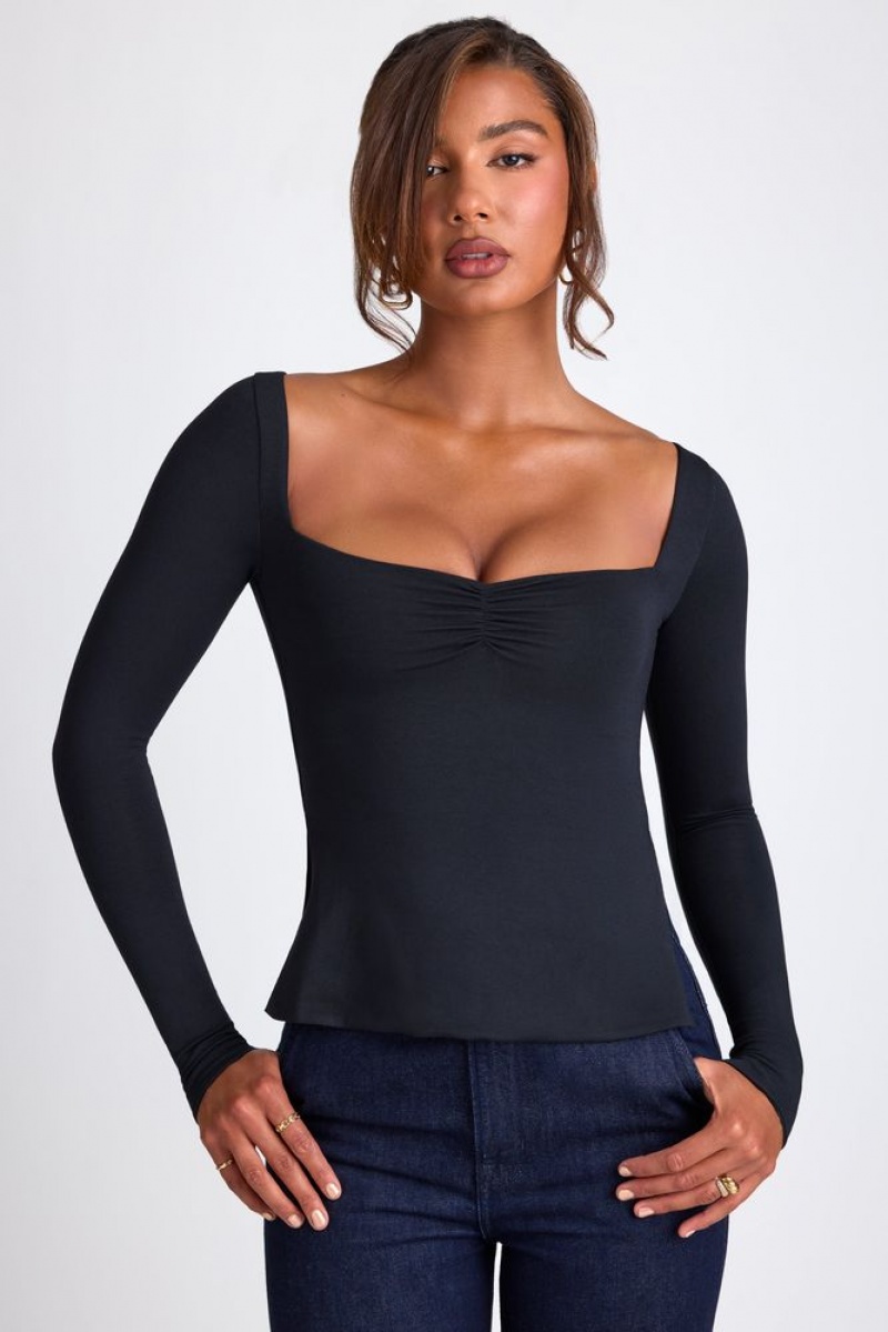 Black Oh Polly Fiora Modal Sweetheart Neckline Long Sleeve Top | GUTP-79318