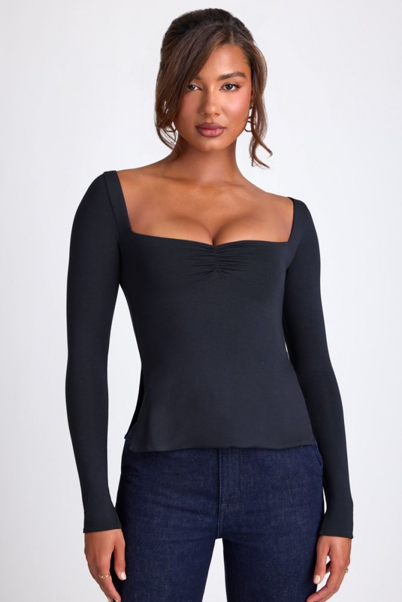 Black Oh Polly Fiora Modal Sweetheart Neckline Long Sleeve Top | GUTP-79318