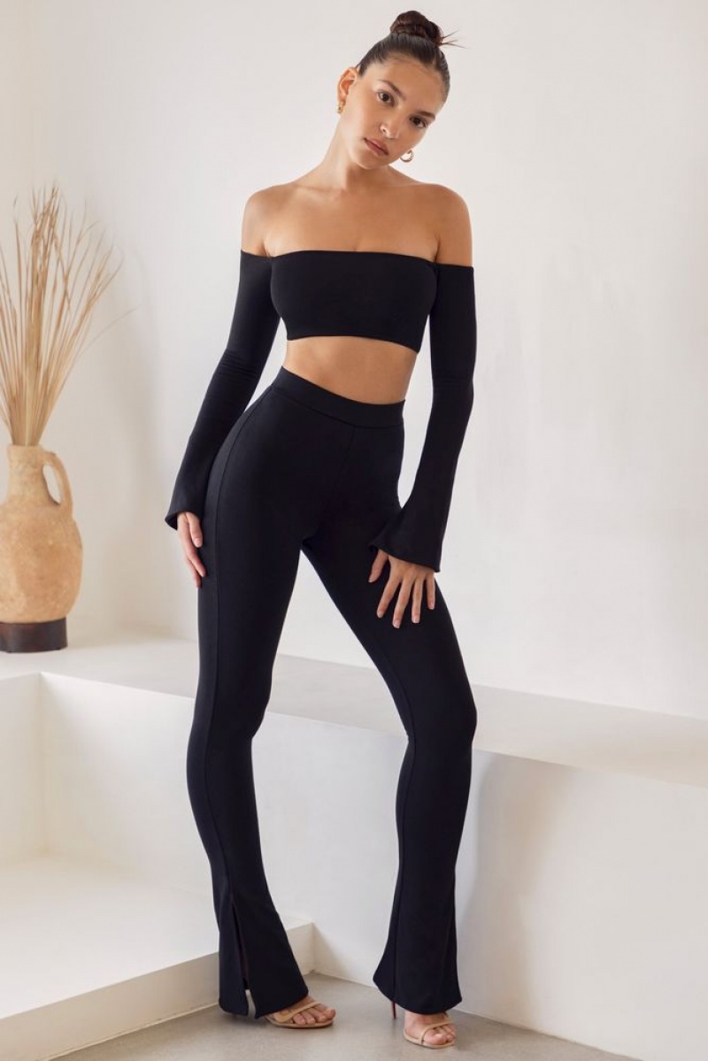 Black Oh Polly Gaia High Waist Split Flare Leggings | GZID-97138