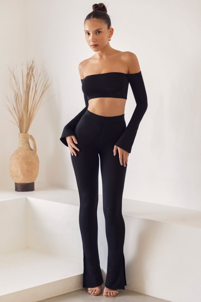 Black Oh Polly Gaia High Waist Split Flare Leggings | GZID-97138