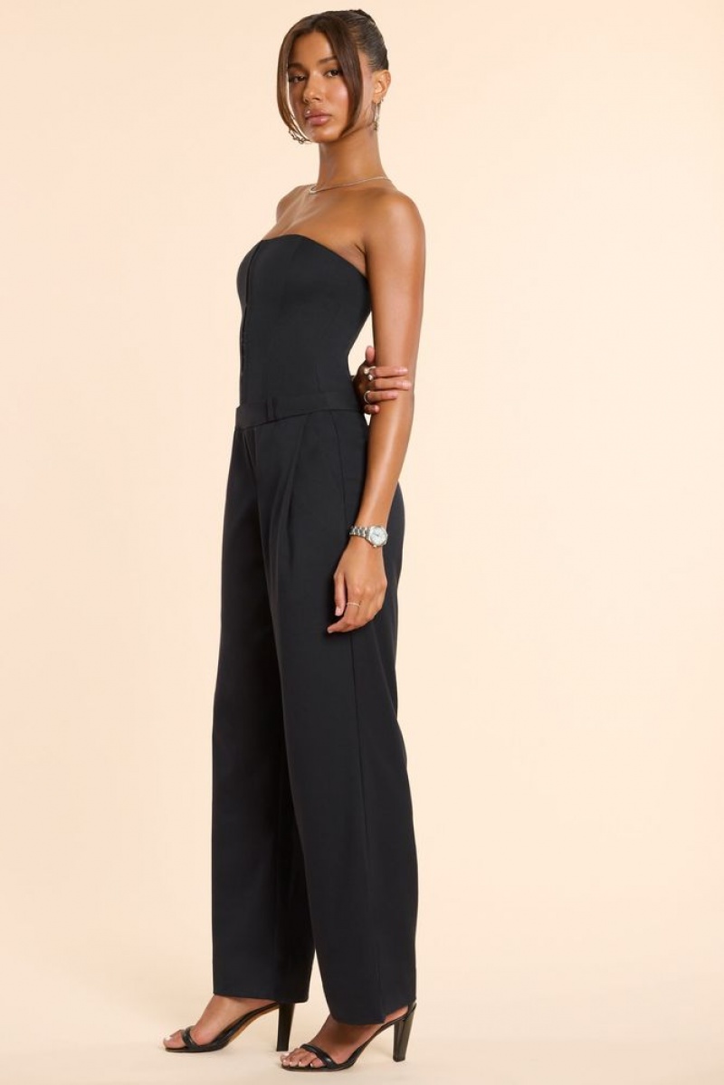 Black Oh Polly Goldie Petite Brushed Twill Bandeau Corset Jumpsuit | LQEN-21356