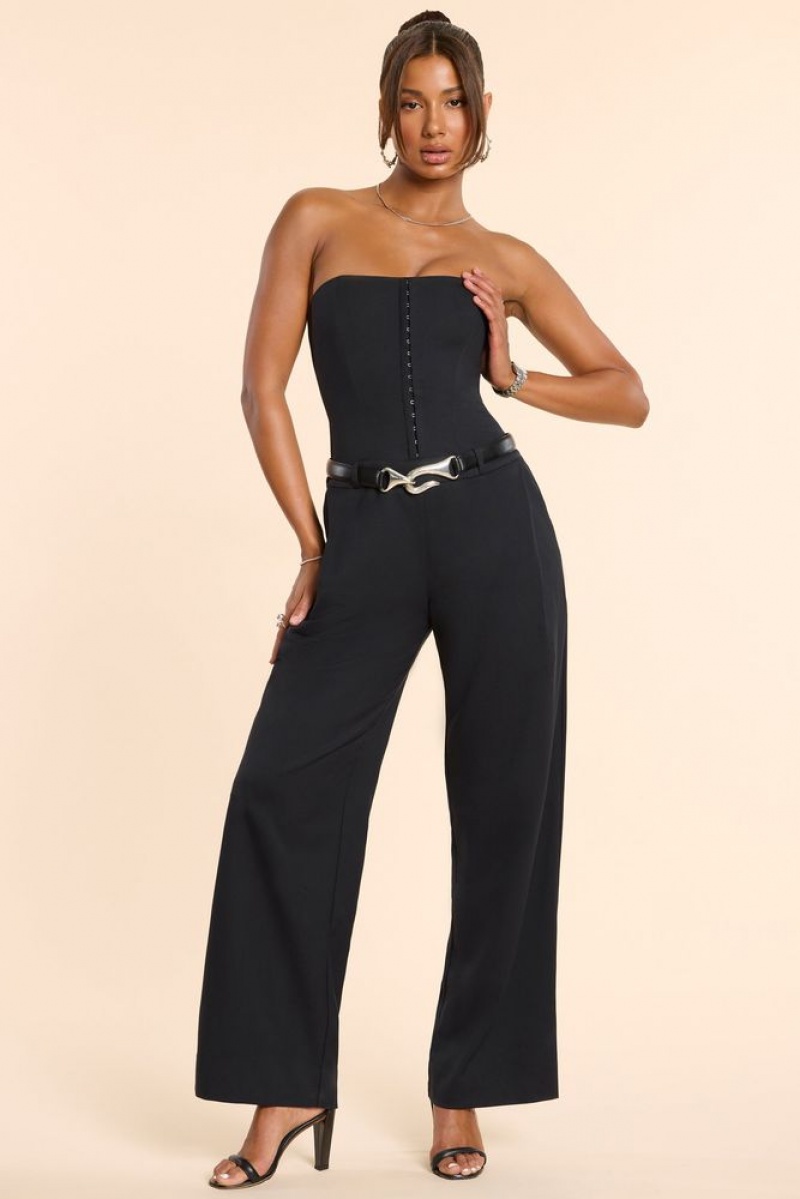 Black Oh Polly Goldie Petite Brushed Twill Bandeau Corset Jumpsuit | LQEN-21356