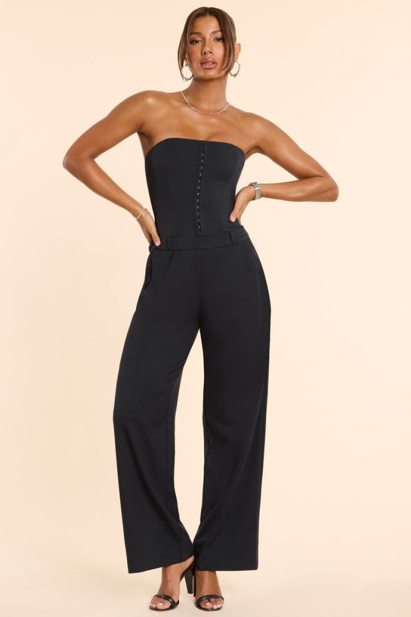 Black Oh Polly Goldie Petite Brushed Twill Bandeau Corset Jumpsuit | LQEN-21356