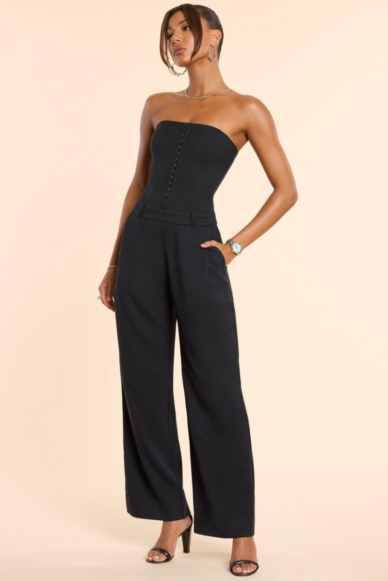 Black Oh Polly Goldie Petite Brushed Twill Bandeau Corset Jumpsuit | LQEN-21356