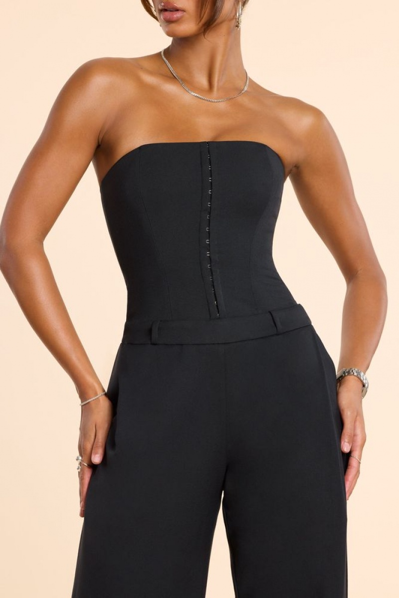 Black Oh Polly Goldie Petite Brushed Twill Bandeau Corset Jumpsuit | LQEN-21356