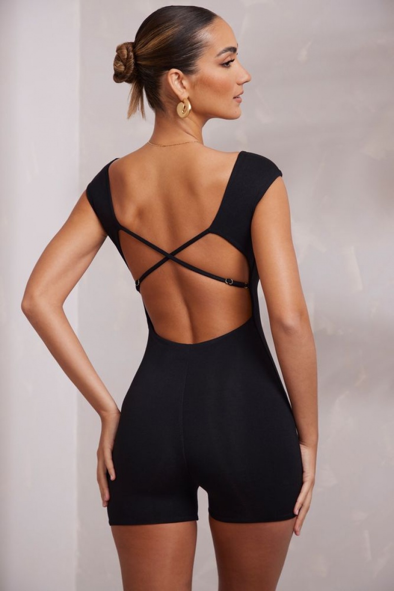 Black Oh Polly Haven Open Back Scoop Neck Unitard | BUSK-46051