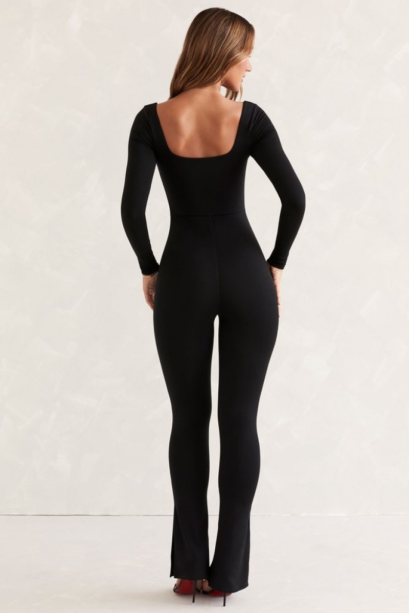 Black Oh Polly Jett Long Sleeve Square Neck Jumpsuit | CXYZ-10983