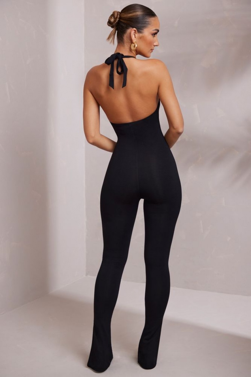 Black Oh Polly Keava Halter Neck Plunge Jumpsuit | TIVX-21389