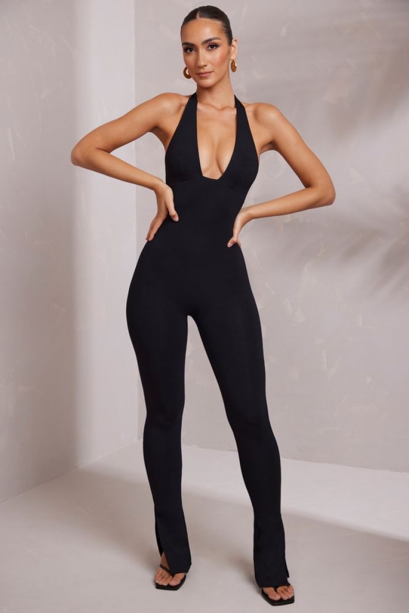 Black Oh Polly Keava Halter Neck Plunge Jumpsuit | TIVX-21389