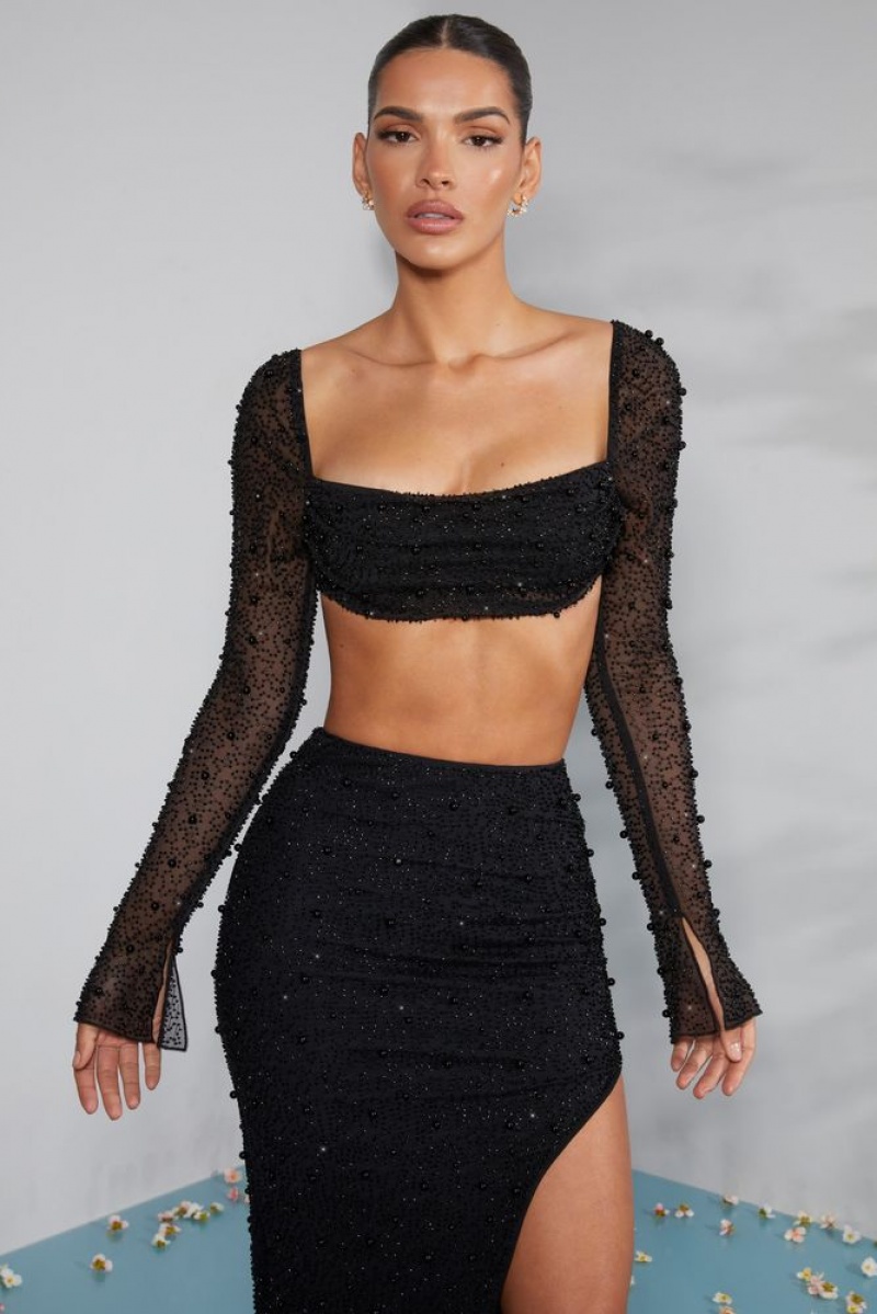 Black Oh Polly La Desirade Embellished Cowl Neck Crop Top | TIHS-59368