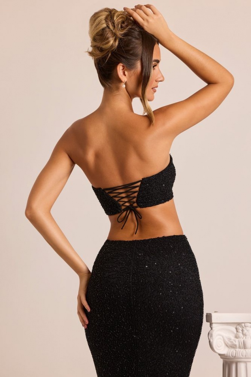 Black Oh Polly Loire Embellished Strapless Corset Top | JPAG-87951