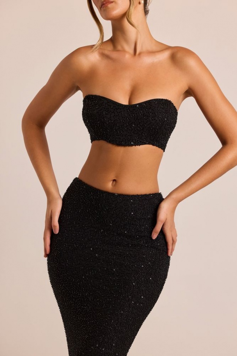 Black Oh Polly Loire Embellished Strapless Corset Top | JPAG-87951