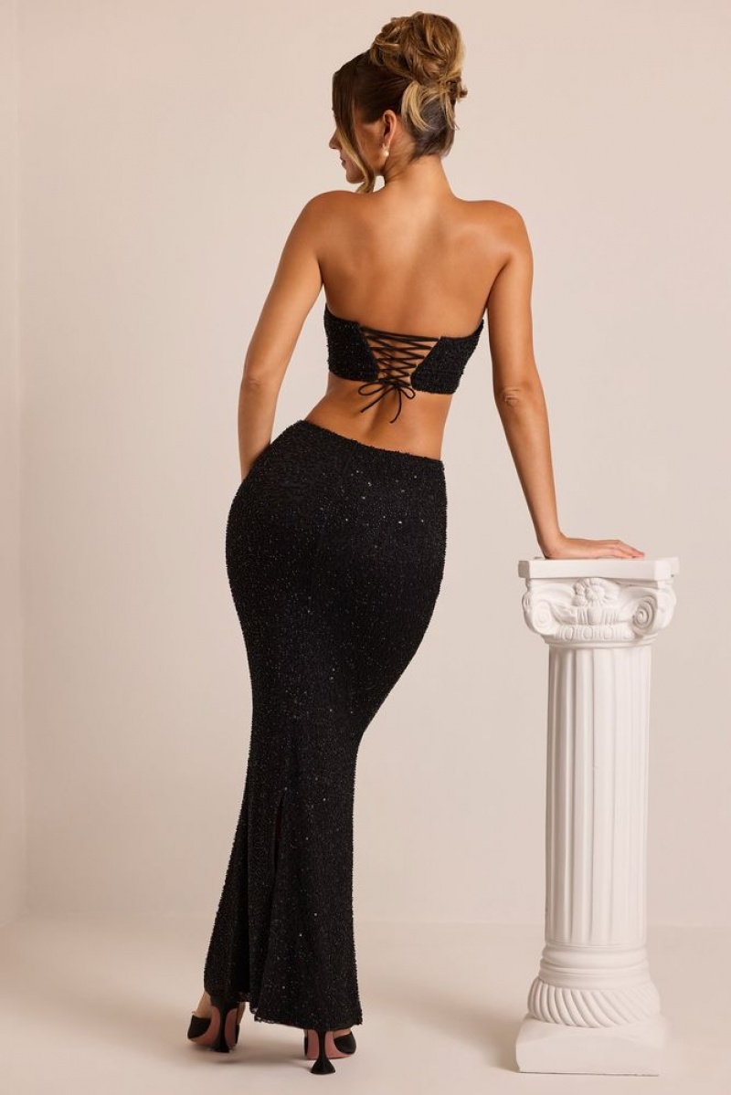 Black Oh Polly Loire Embellished Strapless Corset Top | JPAG-87951