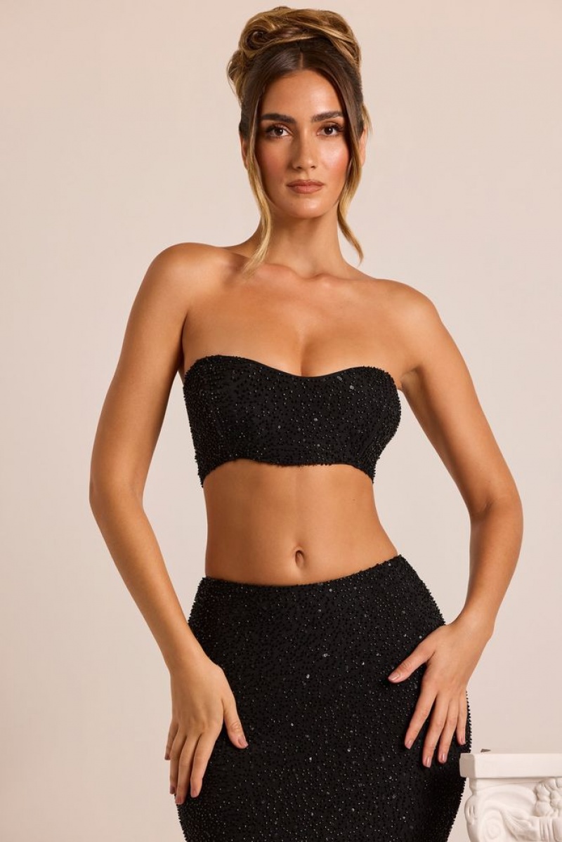 Black Oh Polly Loire Embellished Strapless Corset Top | JPAG-87951