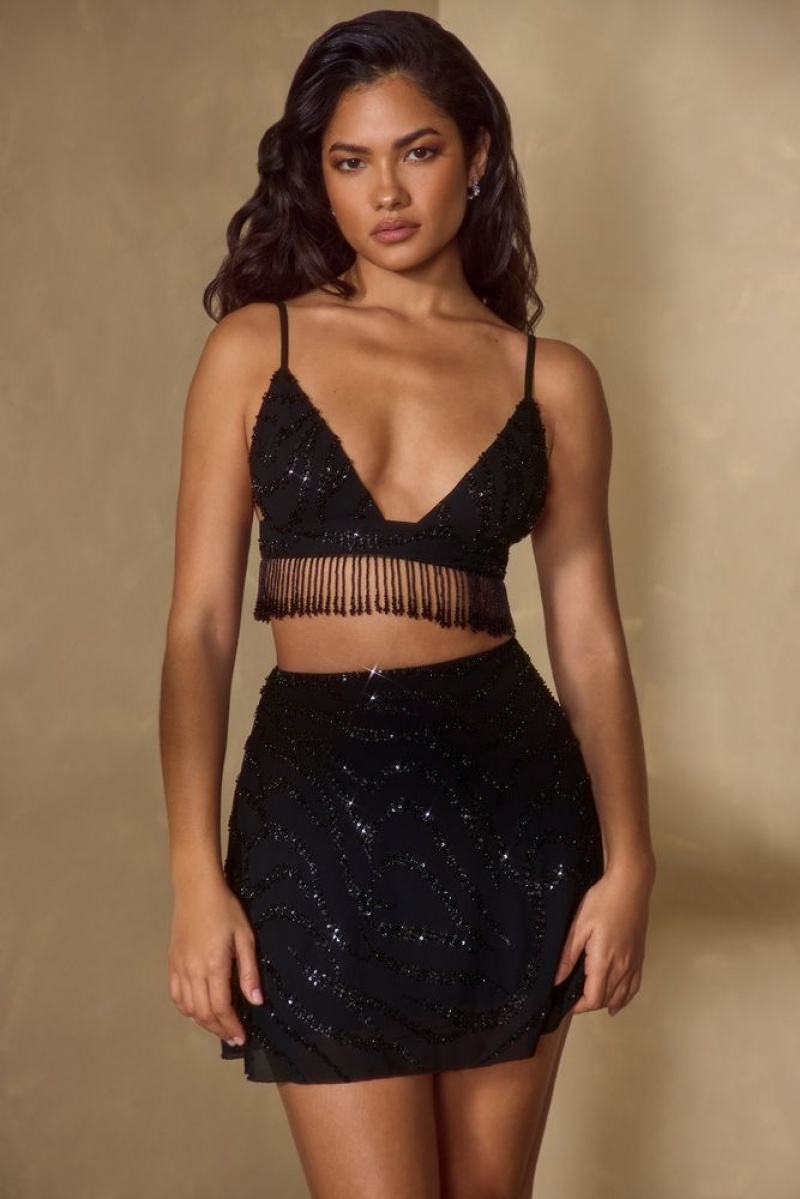 Black Oh Polly Luz Embellished A-Line Mini Skirt | UPLD-59673