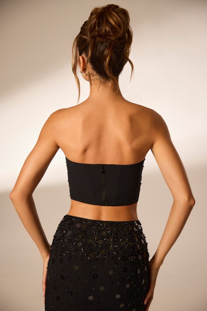 Black Oh Polly Maia Hand Embellished Bandeau Corset Crop Top | STUC-46927