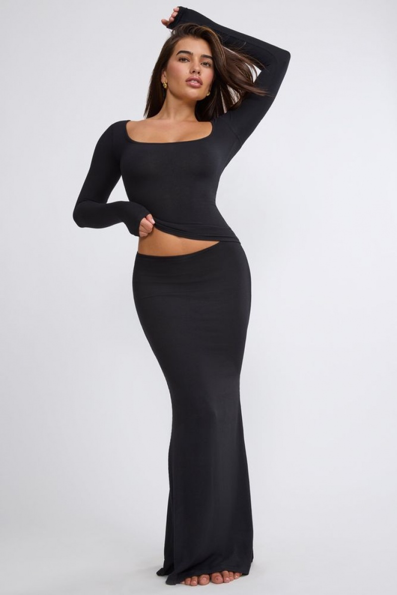 Black Oh Polly Mona Ribbed Modal Mid Rise Maxi Skirt | LJCU-20734