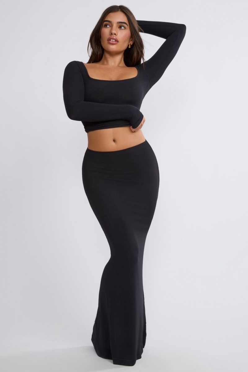 Black Oh Polly Mona Ribbed Modal Mid Rise Maxi Skirt | LJCU-20734