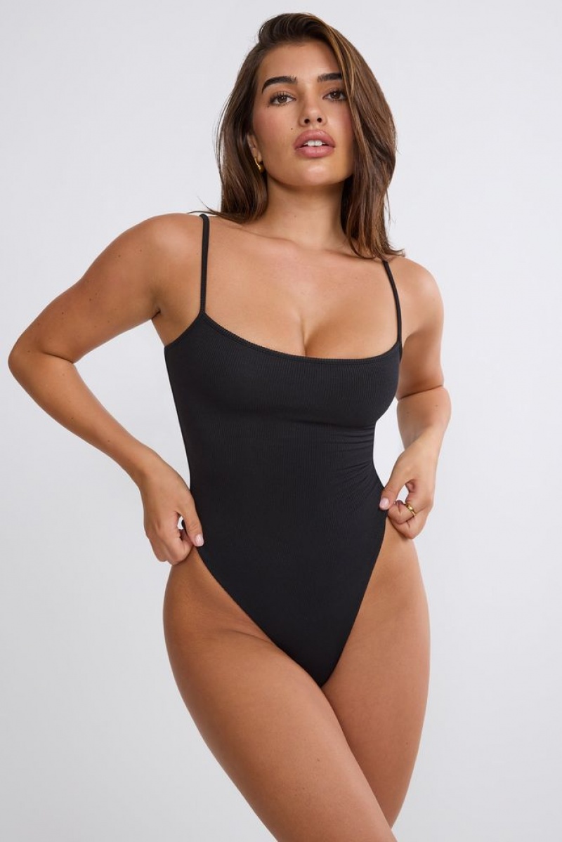 Black Oh Polly Nadia Ribbed Modal Square Neck Bodysuit | RDYZ-13652