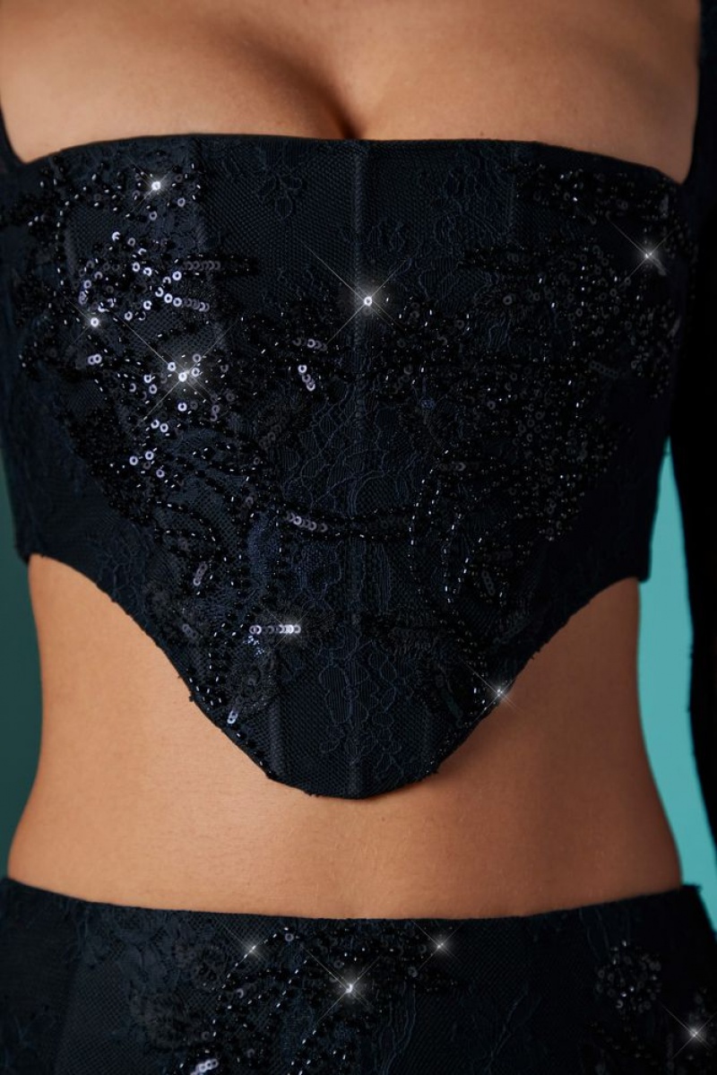 Black Oh Polly Neve Long Sleeve Embellished Lace Corset Crop Top | WVAG-26974