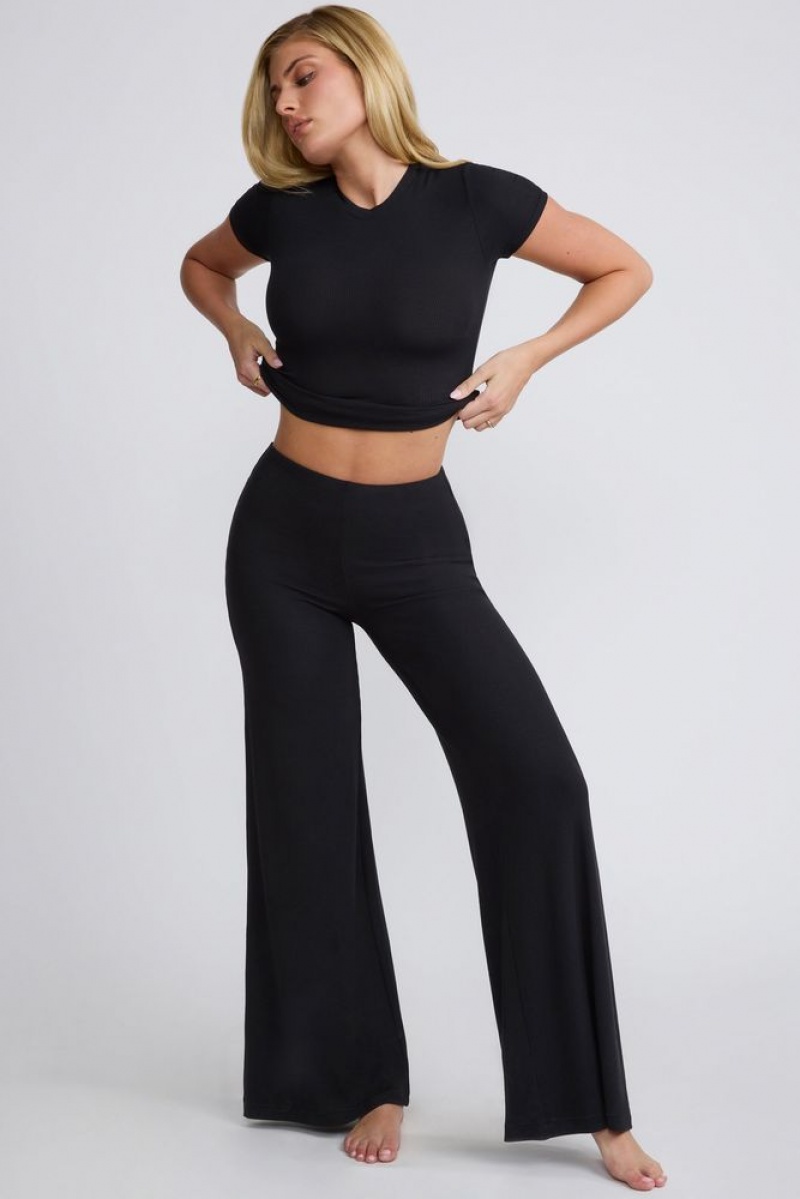 Black Oh Polly Nour Mid Rise Wide Leg Trousers | JPSG-48563