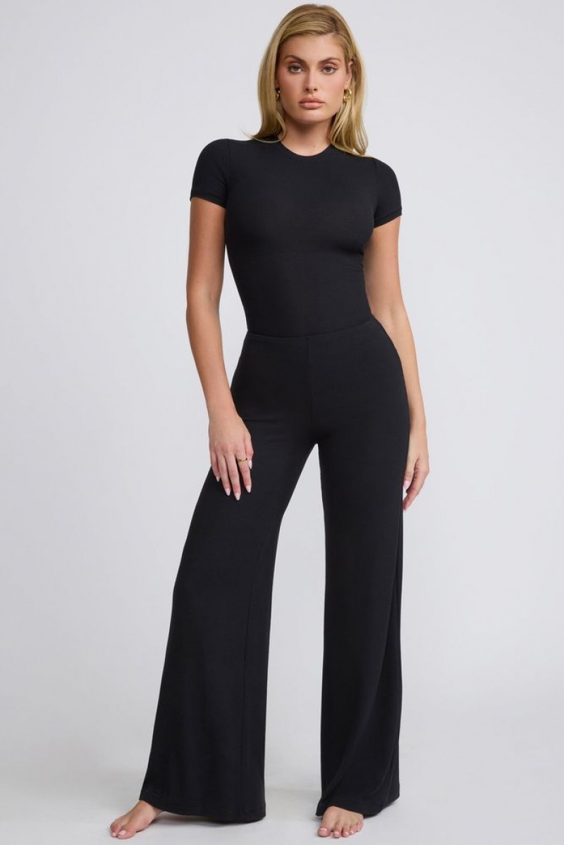 Black Oh Polly Nour Petite Mid Rise Wide Leg Trouser | XNLH-29485