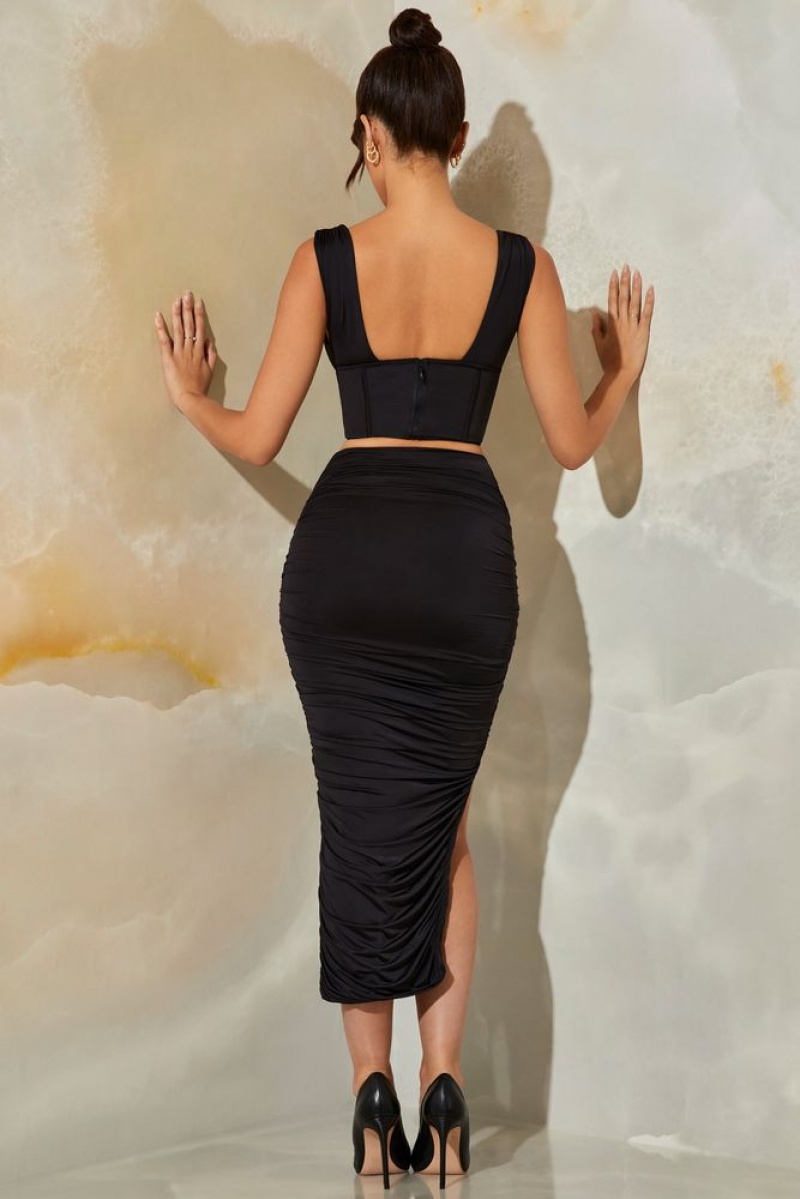 Black Oh Polly Nova Ruched Maxi Skirt | LDVW-53692