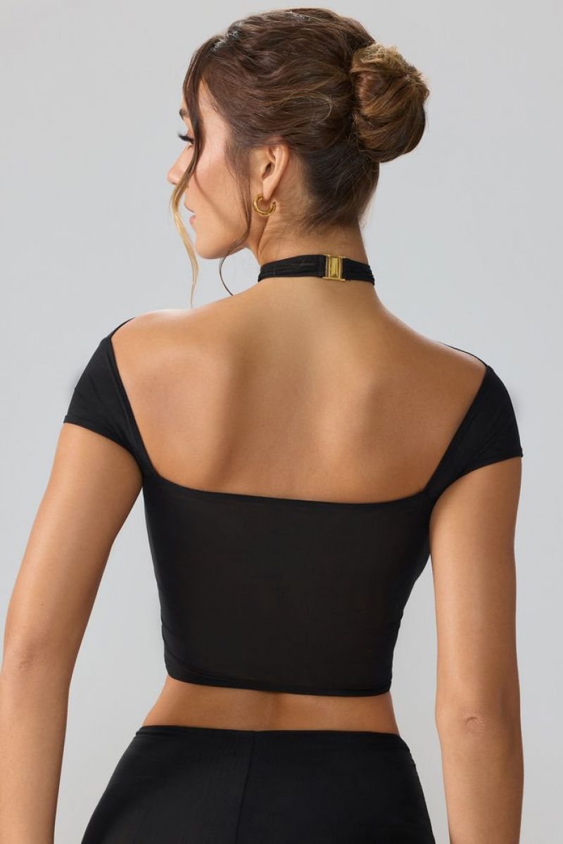 Black Oh Polly Opal Mesh Cap Sleeve Cut Out Crop Top | AUTM-62731