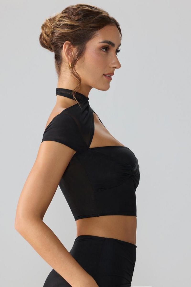 Black Oh Polly Opal Mesh Cap Sleeve Cut Out Crop Top | AUTM-62731