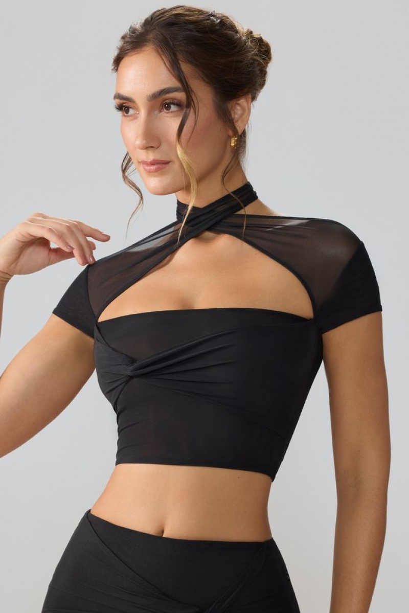 Black Oh Polly Opal Mesh Cap Sleeve Cut Out Crop Top | AUTM-62731