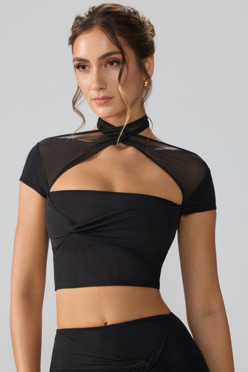 Black Oh Polly Opal Mesh Cap Sleeve Cut Out Crop Top | AUTM-62731