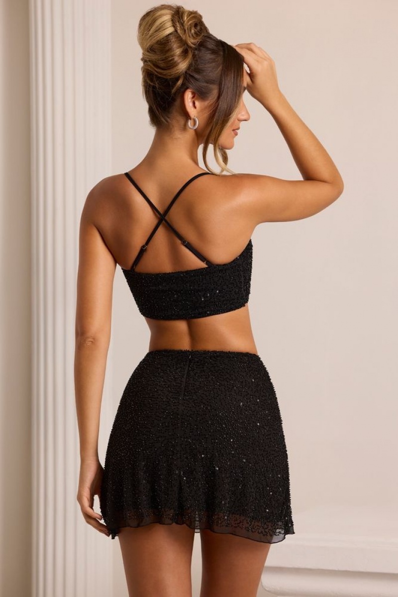 Black Oh Polly Pisa Embellished Cross Back Crop Top | KUJD-70951