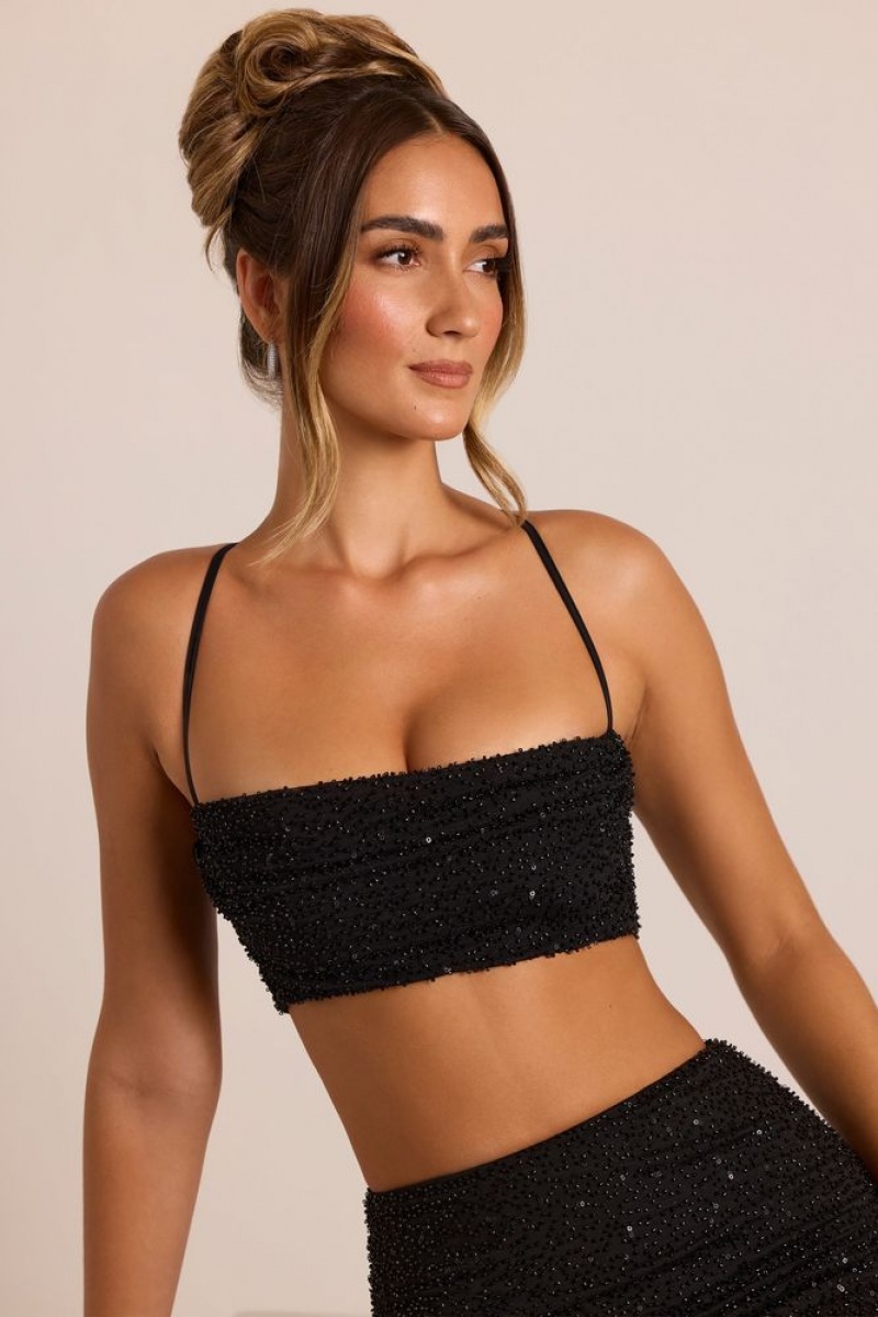 Black Oh Polly Pisa Embellished Cross Back Crop Top | KUJD-70951