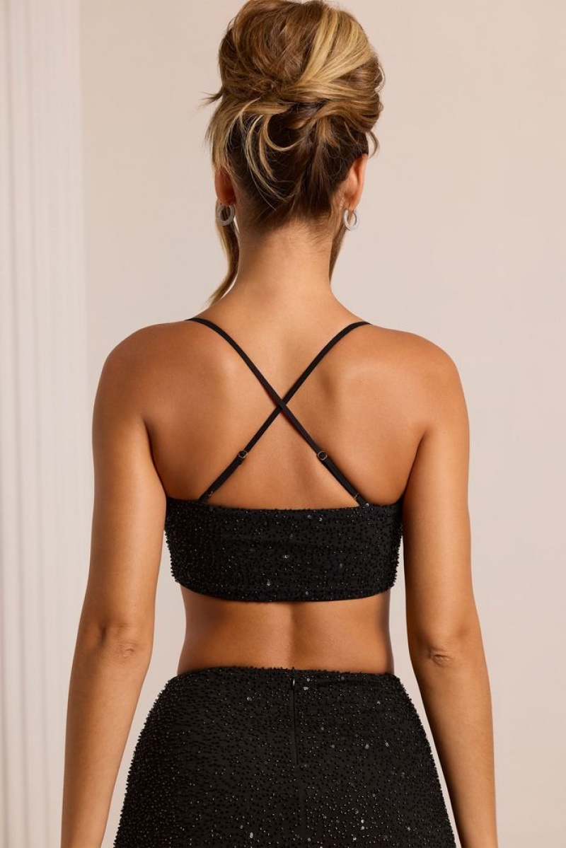 Black Oh Polly Pisa Embellished Cross Back Crop Top | KUJD-70951