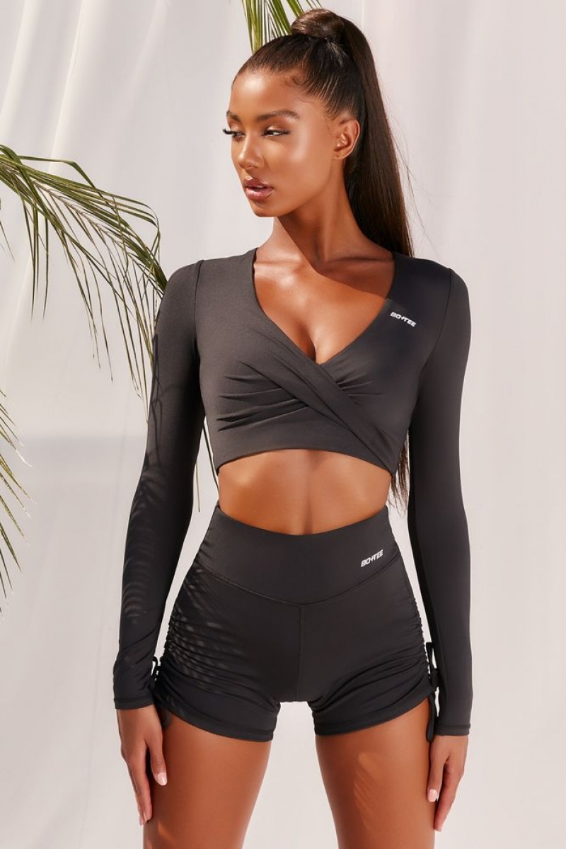 Black Oh Polly Progress Slinky Long Sleeve Crop Top | CKQD-65194