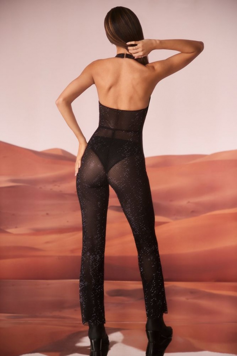 Black Oh Polly Ramona Petite Embellished Plunge Neck Jumpsuit | ZQWE-82541