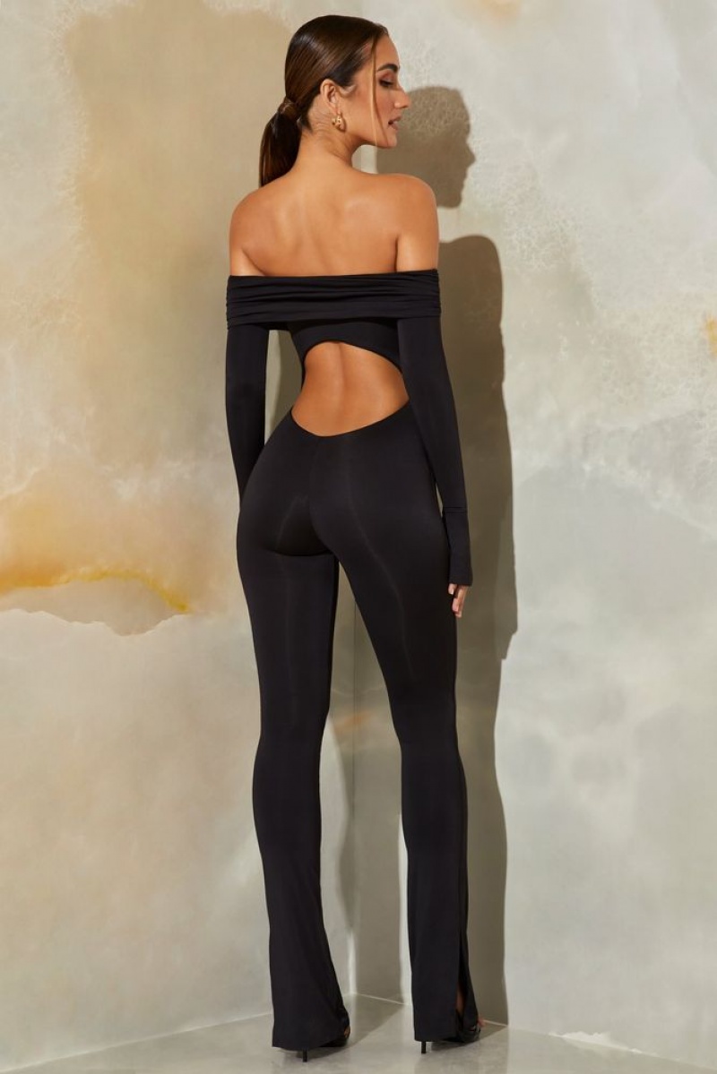 Black Oh Polly Reeva Long Sleeve Open Back Jumpsuit | HDVE-42769