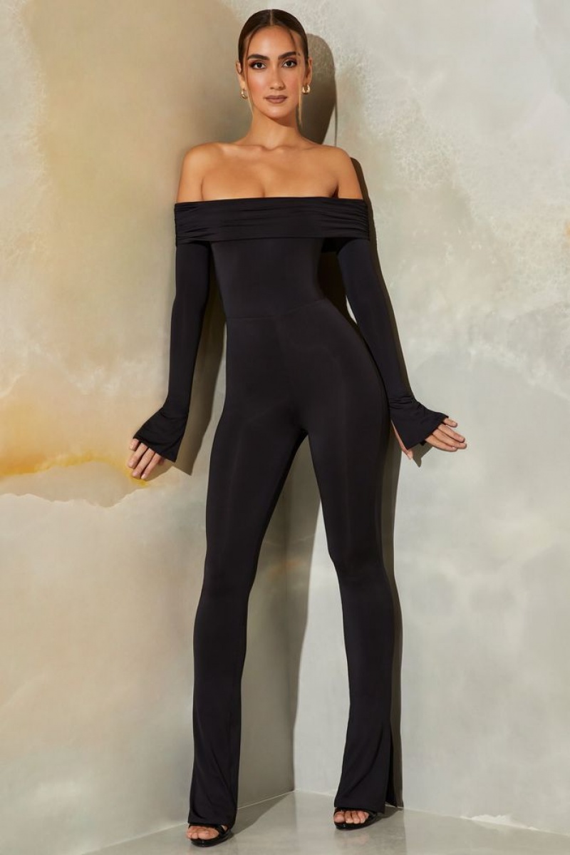 Black Oh Polly Reeva Long Sleeve Open Back Jumpsuit | HDVE-42769