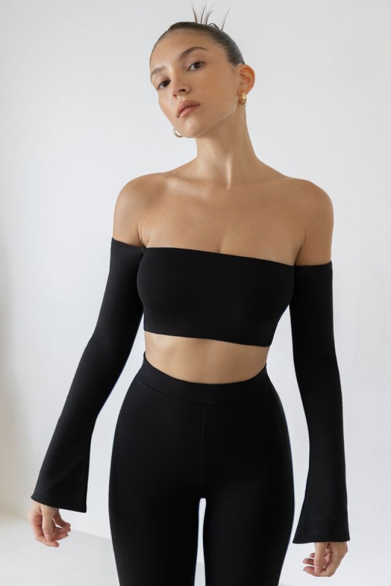 Black Oh Polly Renata Long Sleeve Bardot Crop Top | KQVY-58427