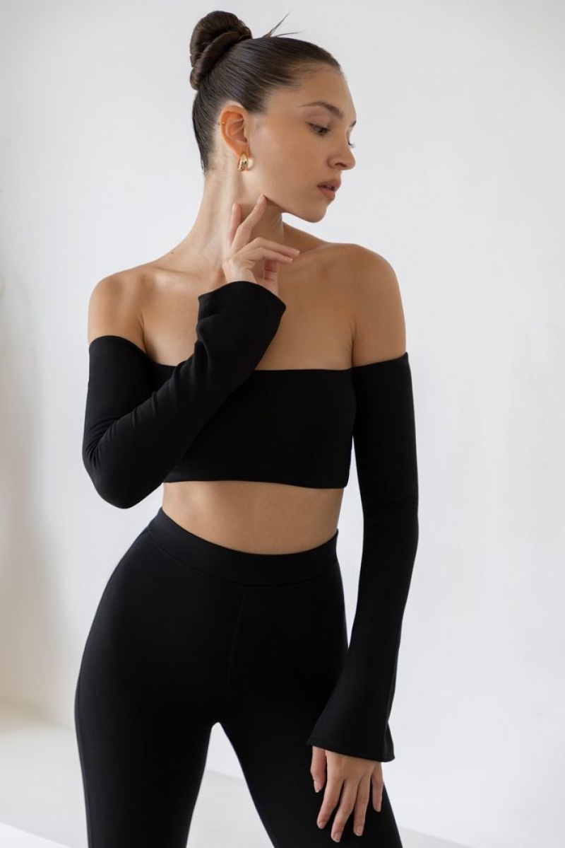 Black Oh Polly Renata Long Sleeve Bardot Crop Top | KQVY-58427