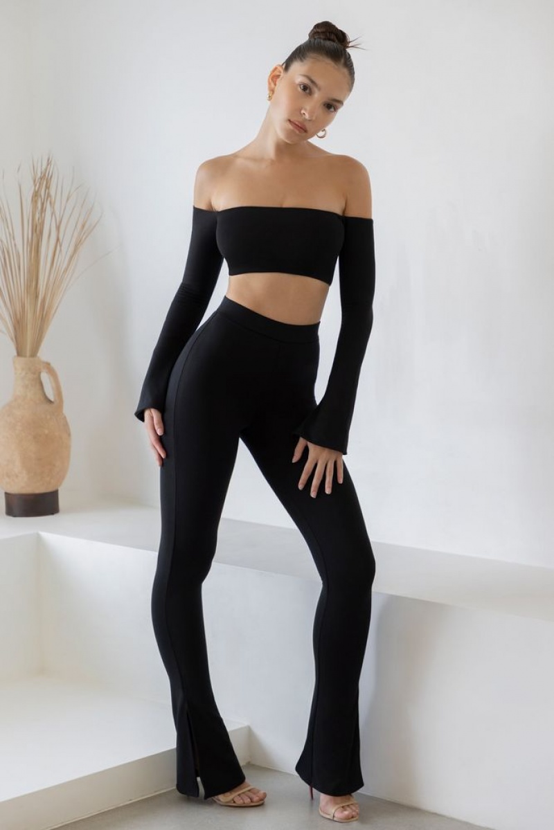 Black Oh Polly Renata Long Sleeve Bardot Crop Top | KQVY-58427