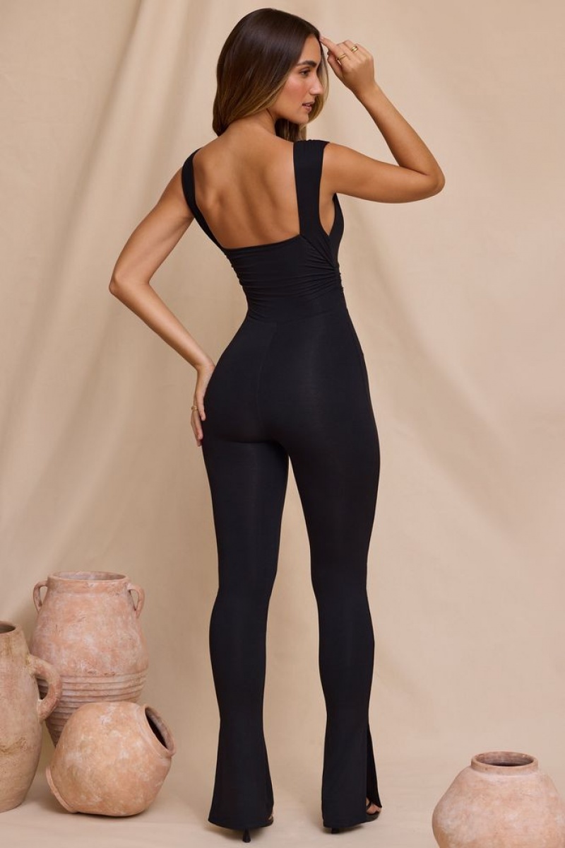 Black Oh Polly Romana Plunge Neck Ruched Waist Jumpsuit | PVZE-51672