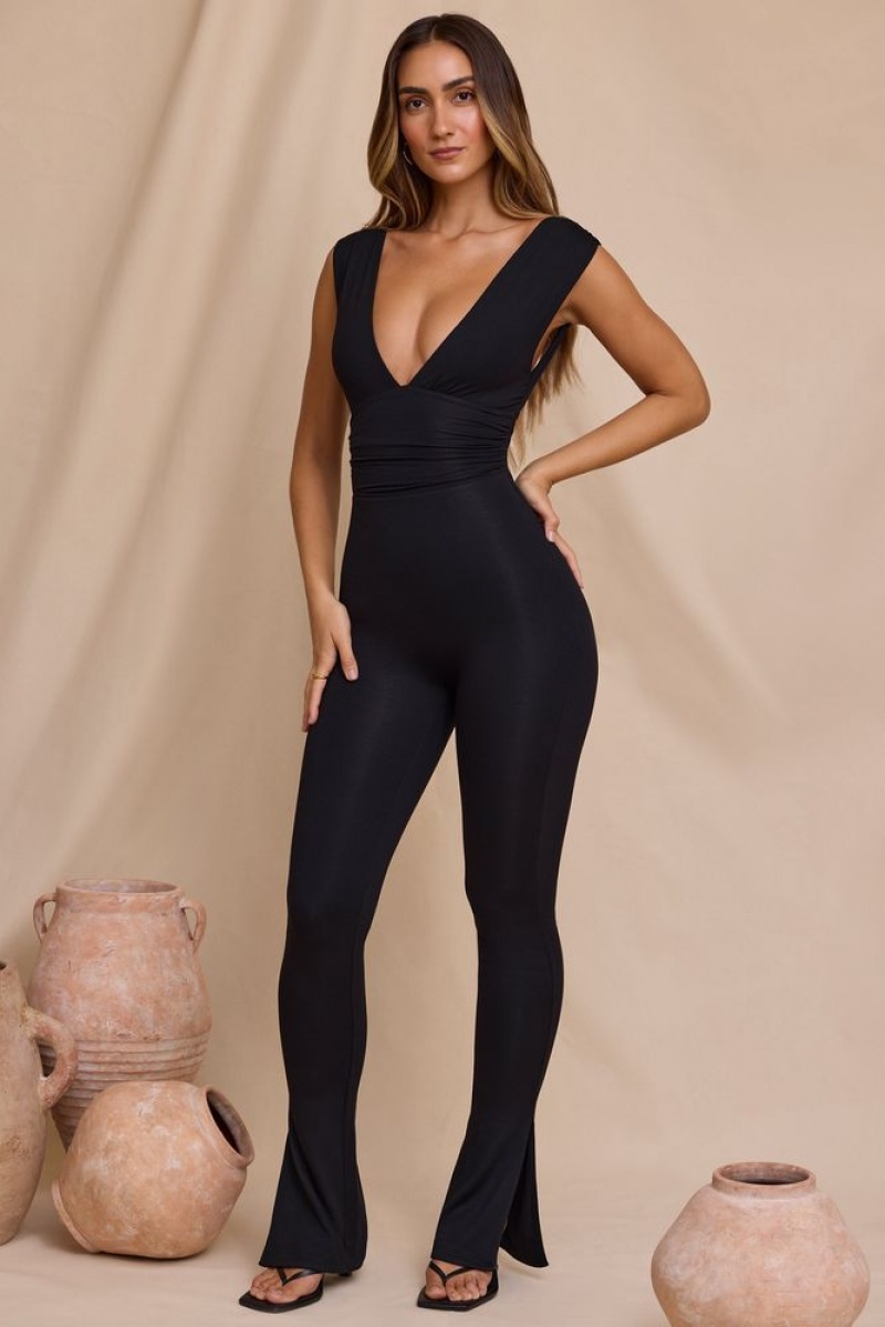 Black Oh Polly Romana Plunge Neck Ruched Waist Jumpsuit | PVZE-51672