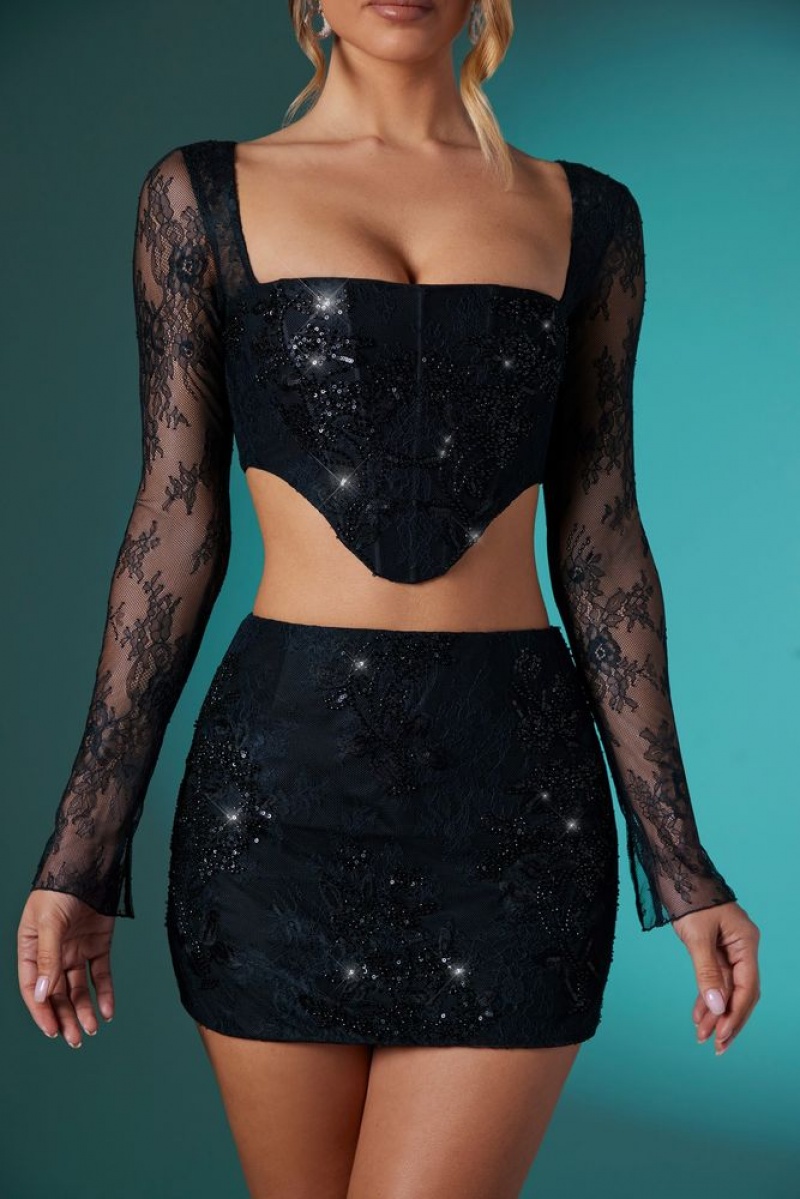 Black Oh Polly Romy Embellished Lace Bodycon Mini Skirt | IALU-79140