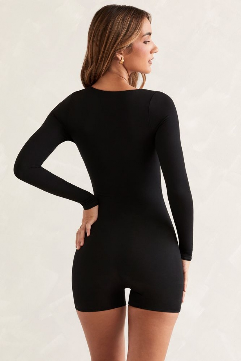 Black Oh Polly Rue Long Sleeve Square Neck Unitard | ZSOE-58231