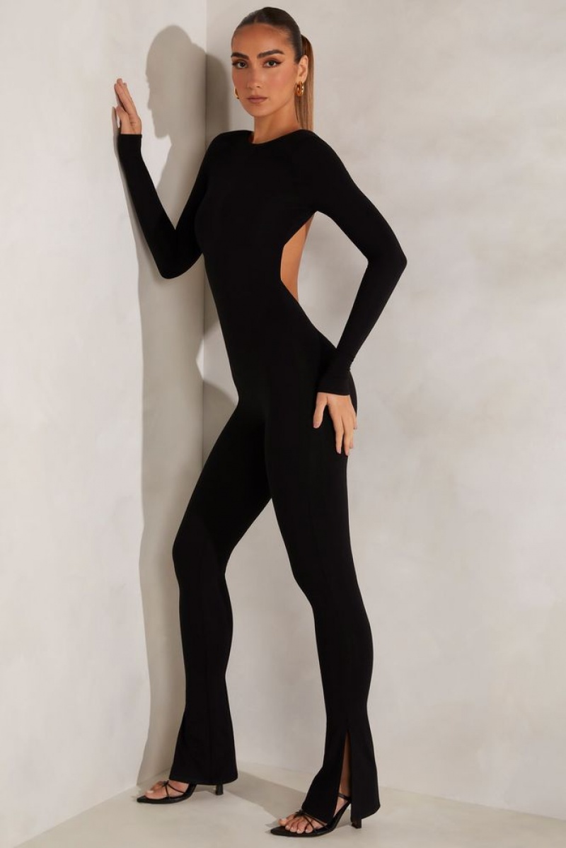 Black Oh Polly Rumer Petite High Neck Open Back Jumpsuit | NUWX-70189